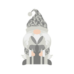 Merry Christmas and New Year vector illustration with cute hand drawn scandinavian gnome and Christmas gift isolated on white background. Design for card print, poster, holiday decoration