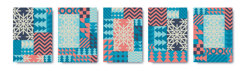 Merry Christmas vector illustrations set with snowflakes and bauhaus abstract geometric shapes backgrounds. Modern design pattern templates for poster print, invitation, web banner, card, flyer