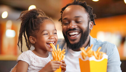 Happy family eating french fries at fast food restaurant