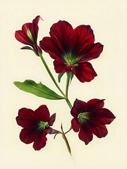 Red carnation flowers on a cream colored background - Crimson bloom on cream canvas, deep red flower with graceful green leaves