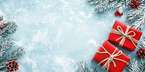 A winter holiday composition featuring red gift boxes with twine bows surrounded by snow-frosted pine branches and red pinecones on a light blue textured background with a frosty effect. Generative AI