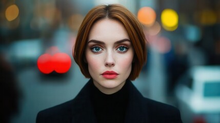 Captivating Portrait of a Young Woman with Striking Blue Eyes and Smooth Skin, Surrounded by Urban Background with Blurred Lights Creating an Ethereal Atmosphere