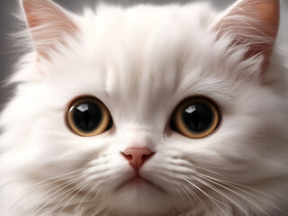 cute little white furry cat with dilated pupils looking at the camera 