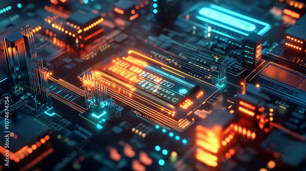 Poster a close-up shot of an abstract motherboard with glowing blue and orange lights, showcasing the intri