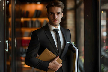 Naklejka premium young businessman in suit holding documents and folders in office