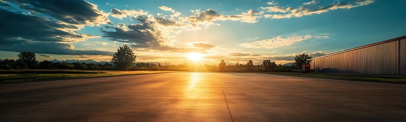 A serene sunset casts a warm glow over a tranquil landscape, highlighting vibrant clouds and silhouettes of trees, evoking peace and natural beauty.