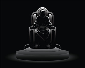 vector illustration design of a figure in a black robe with a head covering sitting on a throne under black and white light