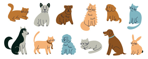 Vector illustrations collection of various pets, cute cats, dogs, and rabbit, in flat cartoon style. Domestic animals set deal for pet related designs, vet clinic icons, playful decor