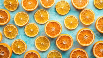 A Vibrant Composition of Citrus Slices Arranged in a Symmetrical Pattern on a Turquoise Background