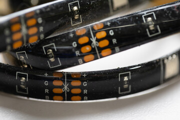 Close up on a RGB LED environmental proof strip showing cutting point. RGB colour options, leds and electronics 