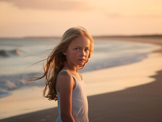dramatic photo of a girl whose face is illuminated by the afternoon sun on the beach