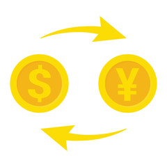 Currency exchange Dollar to Yen. Money exchange illustration with gold dollar and yen coins