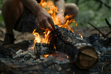 cropped view of man sitting and putting log in burning bonfire
