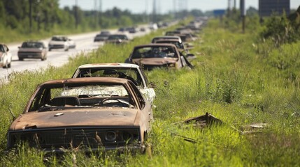Post-Apocalyptic Scene of an Abandoned Highway Overgrown with Grass, Symbolizing Economic Collapse and Disruption of Travel