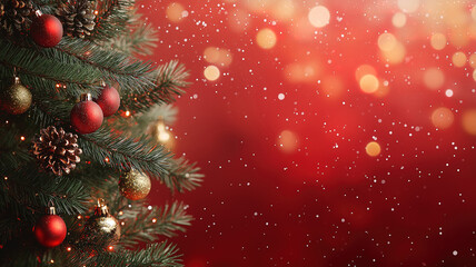 Merry Christmas card with Xmas tree and bokeh lights on red canvas background