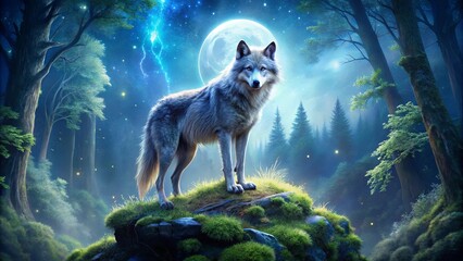 A solitary wolf stands on a mossy rock under a full moon, bathed in the glow of fireflies and an ethereal lightning strike, surrounded by a mystical forest.