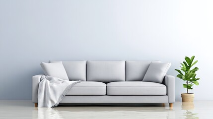 Naklejka premium A stylish modern couch surrounded by water in a flooded living room with soft light blue hues and a touch of greenery