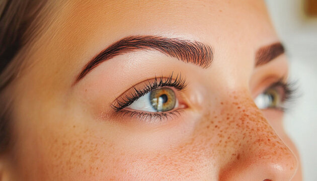 Woman showing perfect eyebrows after permanent makeup treatment