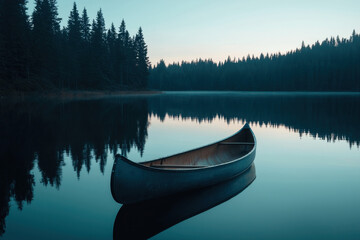 Obraz premium Peaceful Lake Landscape at Dusk with Moored Canoe Reflecting on Calm Waters