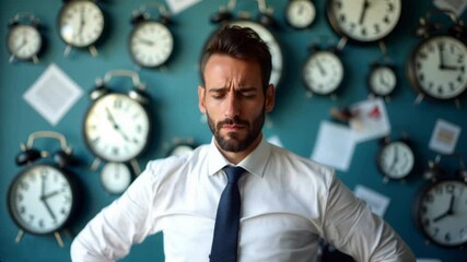 Stressed businessman in a suit holding his head with multiple clocks on the wall behind him, symbolizing time pressure and work-related stress in a corporate setting.