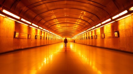 Solitude in Economic Turmoil - A Lonely Figure Walking through Abandoned Subway Station Amid Flickering Lights