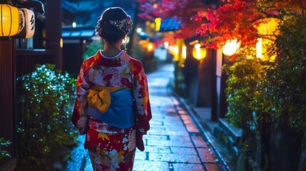 Fototapeta premium Woman in a traditional Japanese kimono walks along a cobblestone street at night. The street is lit by lanterns, and the woman is walking toward the camera.