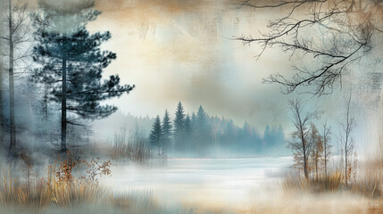 Fototapeta premium Misty winter landscape with pine trees and frozen lake in soft colors, Digital paper, scrapbooking, Chinese ink painting style