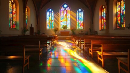 Obraz premium Serene Chapel Interior with Vibrant Stained Glass Illumination