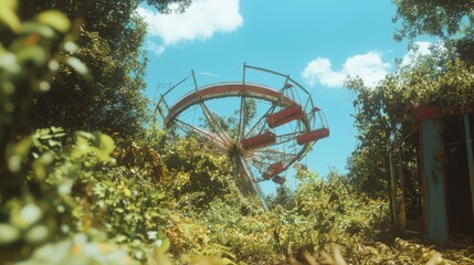 Forgotten Funfair: Eerie Abandoned Amusement Park with Rusty Rides and Overgrown Plants, Symbolizing Lost Joy Amid Financial Hardships