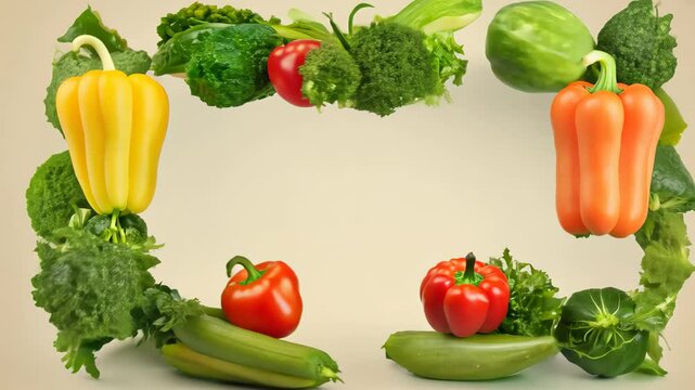 creative arrangement of colorful vegetables, including bell peppers and leafy greens, forming a natural frame