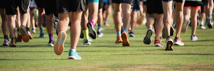 Fototapeta premium Running athletes run in a run race, running on grass detail on legs, running in the light of morning. A large group of runners