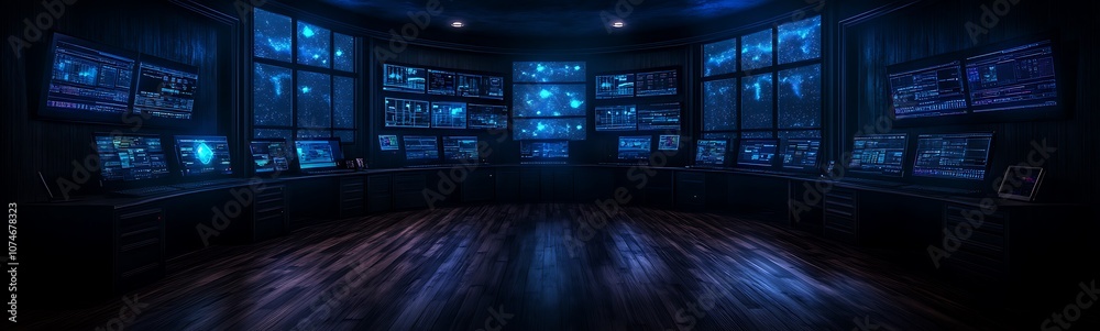 Leinwandbilder a high-tech control room illuminated in blue, featuring numerous screens and holographic displays, s