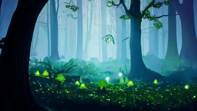 An enchanting forest illuminated by soft glowing lights, with mystical mushrooms scattered throughout