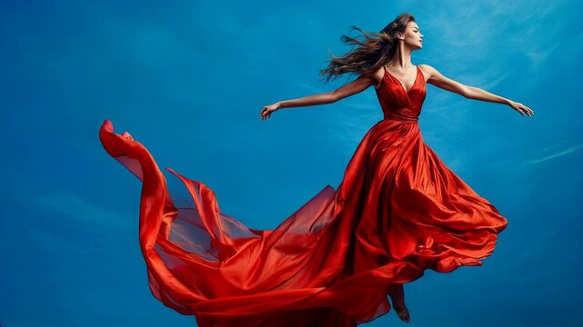 A woman in a flowing red dress gracefully leaps through the air against a vibrant blue sky, embodying freedom, elegance, and confidence. Perfect for concepts of fashion, beauty, or personal empowermen