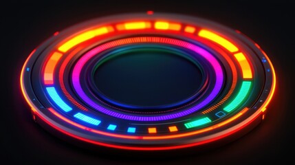 Obraz premium Vibrant Circular Digital Interface Design with Colorful Neon Accents in a Futuristic Style, Ideal for Technology and Graphic Projects
