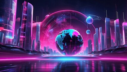 AI-generated metaverse digital world background, neon-colored global cyberspace environment, future energy power technology, and internet connection concept