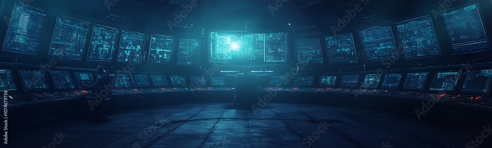 Poster A futuristic, high-tech environment illuminated by blue light, featuring intricate structures and a vast, mysterious atmosphere.