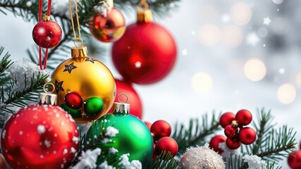 Christmas tree decorations, Christmas tree with ornaments background, snowy background