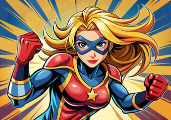Pop art comic book style super heroine punching with female superhero costume poster design wall decoration