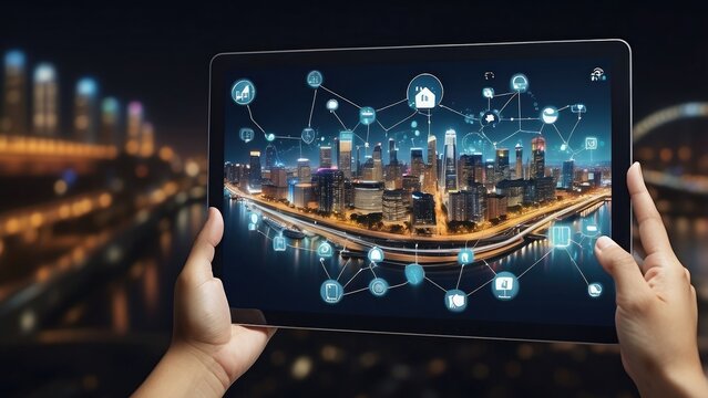 An empty digital tablet featuring a nighttime scene, the internet of things, networks, and augmented reality, as well as a smart city with smart services and icons, is held in the waiter's hand.