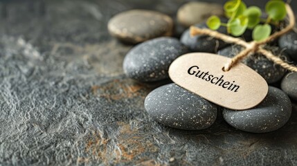 paper label with german word voucher on spa and wellness background with zen stones