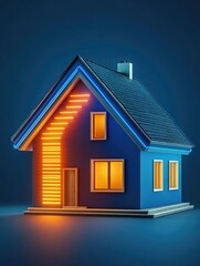 3D rendering of a blue and gray house with glowing LED lights representing energy efficiency.
