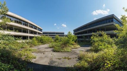 Desolate Echoes: Haunting Panoramic View of Abandoned Office Park in Economic Decline.