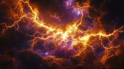 Lightning bolts storm galactic nebula.