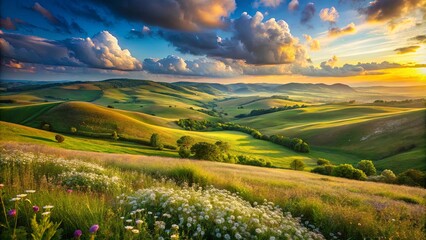 Fototapeta premium Serene Sunset Over Rolling Green Hills, Illuminated by Golden Light, with a Scattering of Delicate Wildflowers Dotting the Lush Landscape