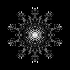 Snowflake. Round decorative illustration. Black background.