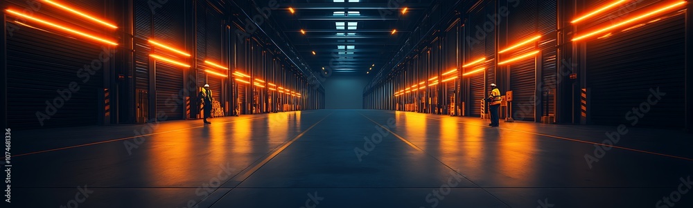 Poster a dimly lit warehouse corridor illuminated by warm lights, showcasing an industrial setting with ref