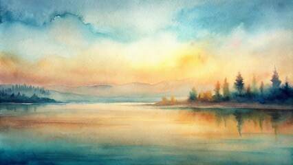 Fototapeta premium Tranquil Watercolor Landscape Depicting a Serene Lake with a Misty Silhouette of a Forest in the Background, Bathed in the Golden Hues of a Sunset