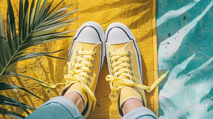 Person is wearing yellow Converse sneakers and standing on a yellow towel. The image has a bright and cheerful mood, with the yellow sneakers and towel creating a sense of warmth and happiness