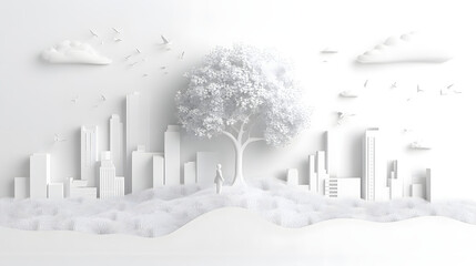 The person who knows. Tree, Achieve sustainable growth, World Environment Day. White eco urban city and nature landscape background paper art style.	